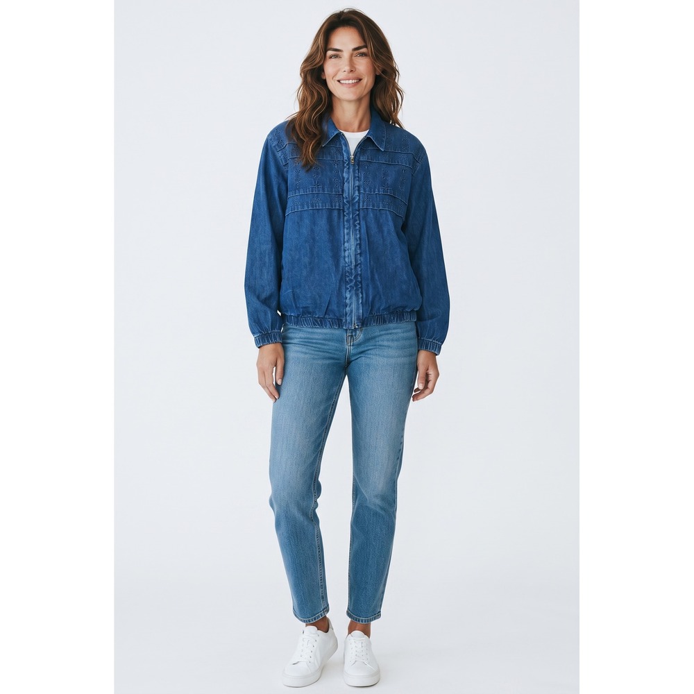 Alfred Dunner Womens Blue Denim Eyelet Embroidered Zip Up Bomber Jacket XL